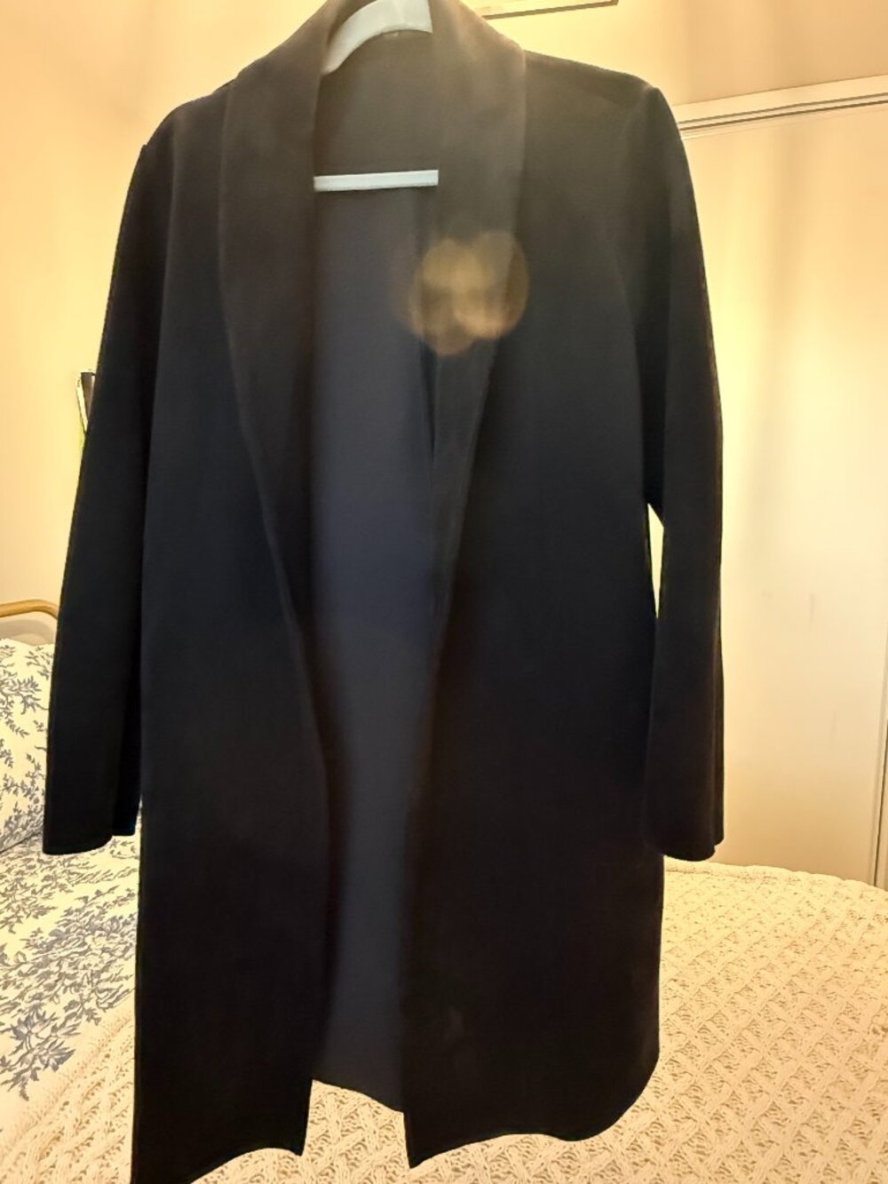 Tahari Petite Black Long Open Front Blazer Coat Size L Faux Leather Trim